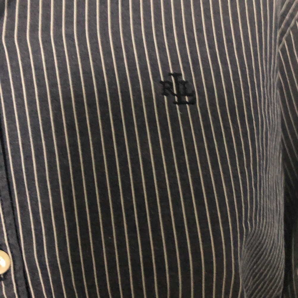 Ralph Lauren Classic Navy Pinstripe Dress Shirt with White Contrast Collar - Picture 4 of 6